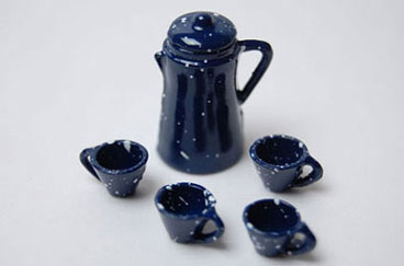 Dollhouse Miniature Coffee Pot W/Cups Rd/Blue Assorted